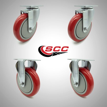 Service Caster 5 Inch SS Red Polyurethane Swivel Top Plate Caster Set with 2 Rigid SCC SCC-SS20S514-PPUB-RED-2-R514-2